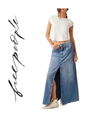Free People Come As You Are Denim Mid Rise Maxi Skirt Sapphire Blue Size 12 NWT